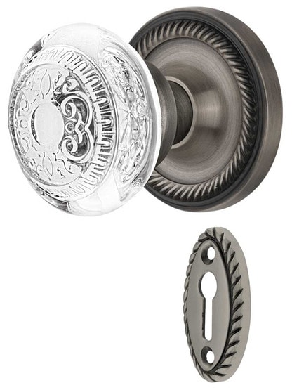 Rope Rosette Mortise-Lock Set with Egg and Dart Crystal-Glass Knobs in Antique Pewter.
